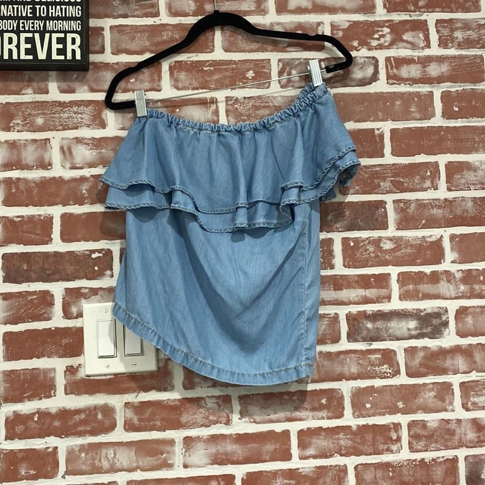 Chelsea28 Chambray One Shoulder Ruffle Crop Top Womens XS Tencel Denim Blue